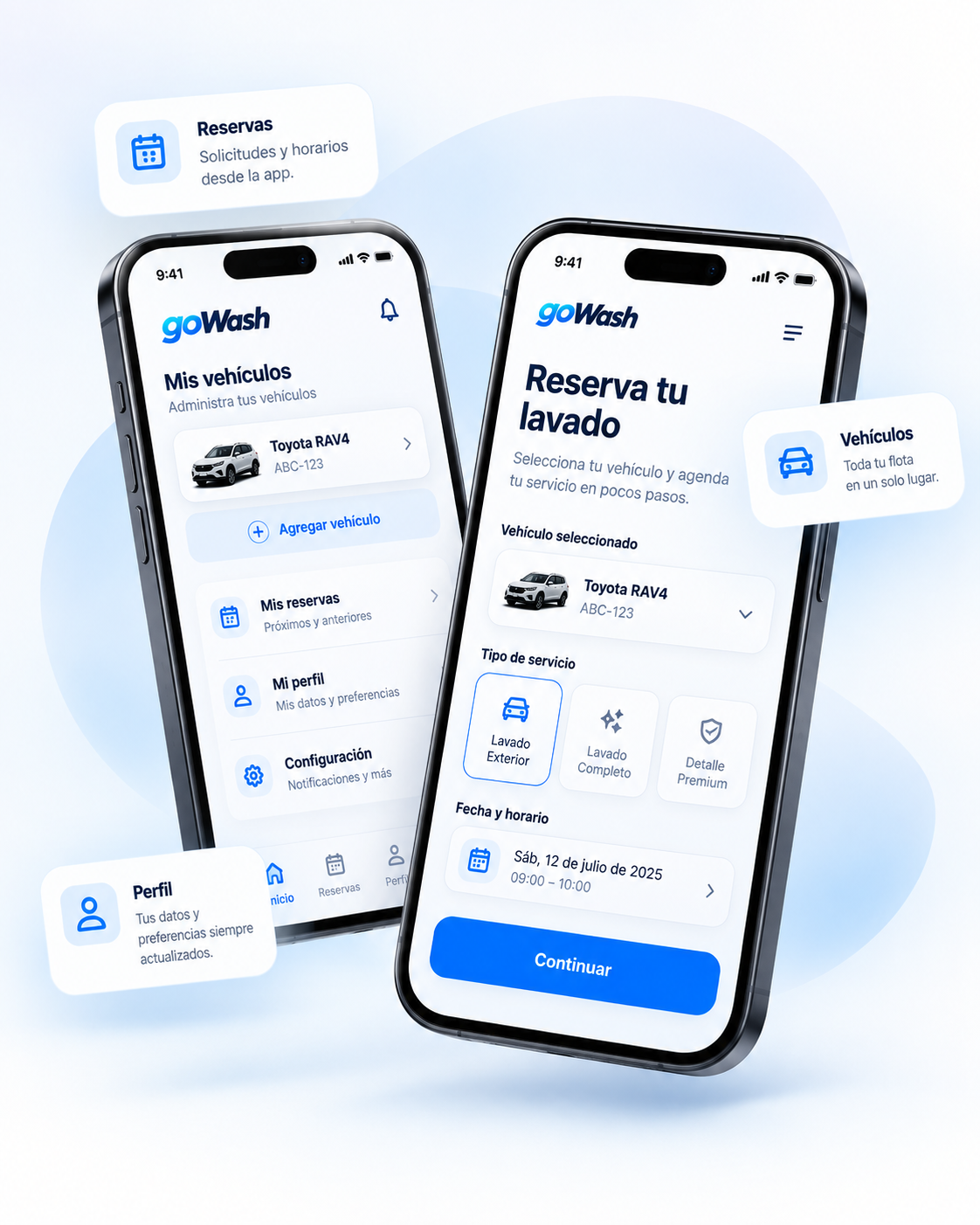 Proceso de reserva y gestión de vehículos en GoWash